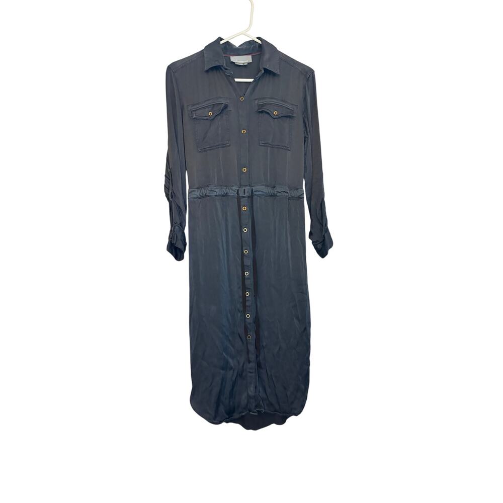 Anthropologie navy shiny satiny midi shirt dress. Size 4P. preppy, office